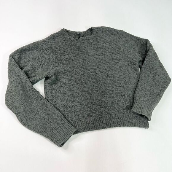 Skims Fleece Jacket Womens XXS/XS Green Crew Neck Long Sleeve Cropped Ribbed - Picture 1 of 9